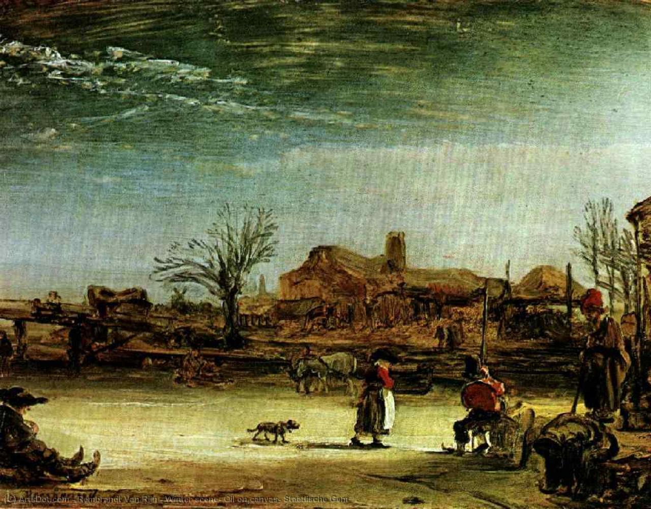Wikioo.org - The Encyclopedia of Fine Arts - Painting, Artwork by Rembrandt Van Rijn - Winter scene, Oil on canvas, Staatlische Gem
