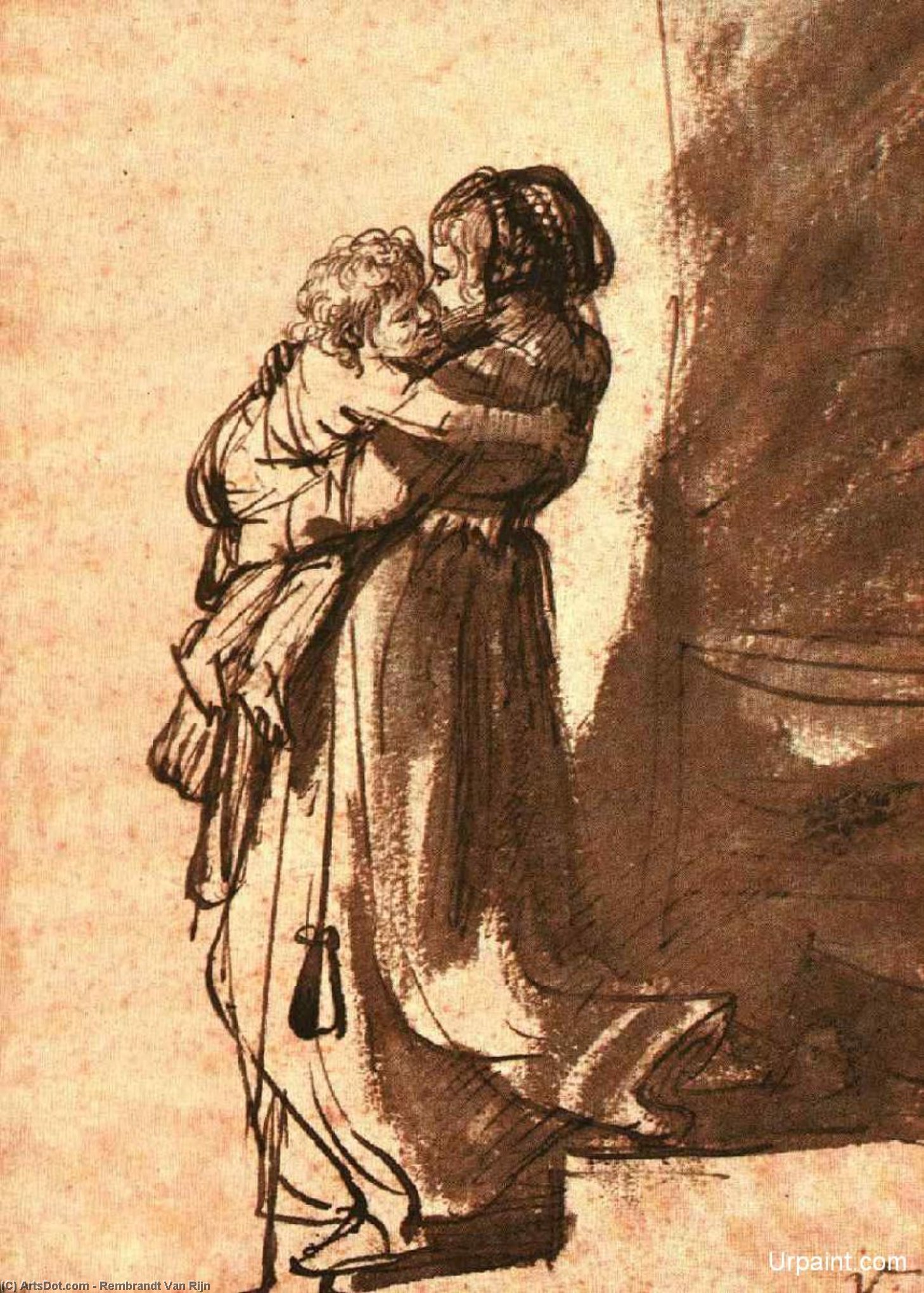 Wikioo.org - The Encyclopedia of Fine Arts - Painting, Artwork by Rembrandt Van Rijn - Woman Carrying a Child Downstairs, Ink and w