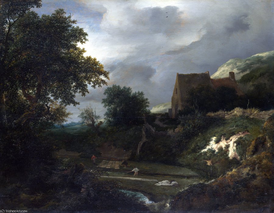 Wikioo.org - The Encyclopedia of Fine Arts - Painting, Artwork by Jacob Isaakszoon Van Ruisdael (Ruysdael) - A Bleaching Ground in a Hollow by a Cottage