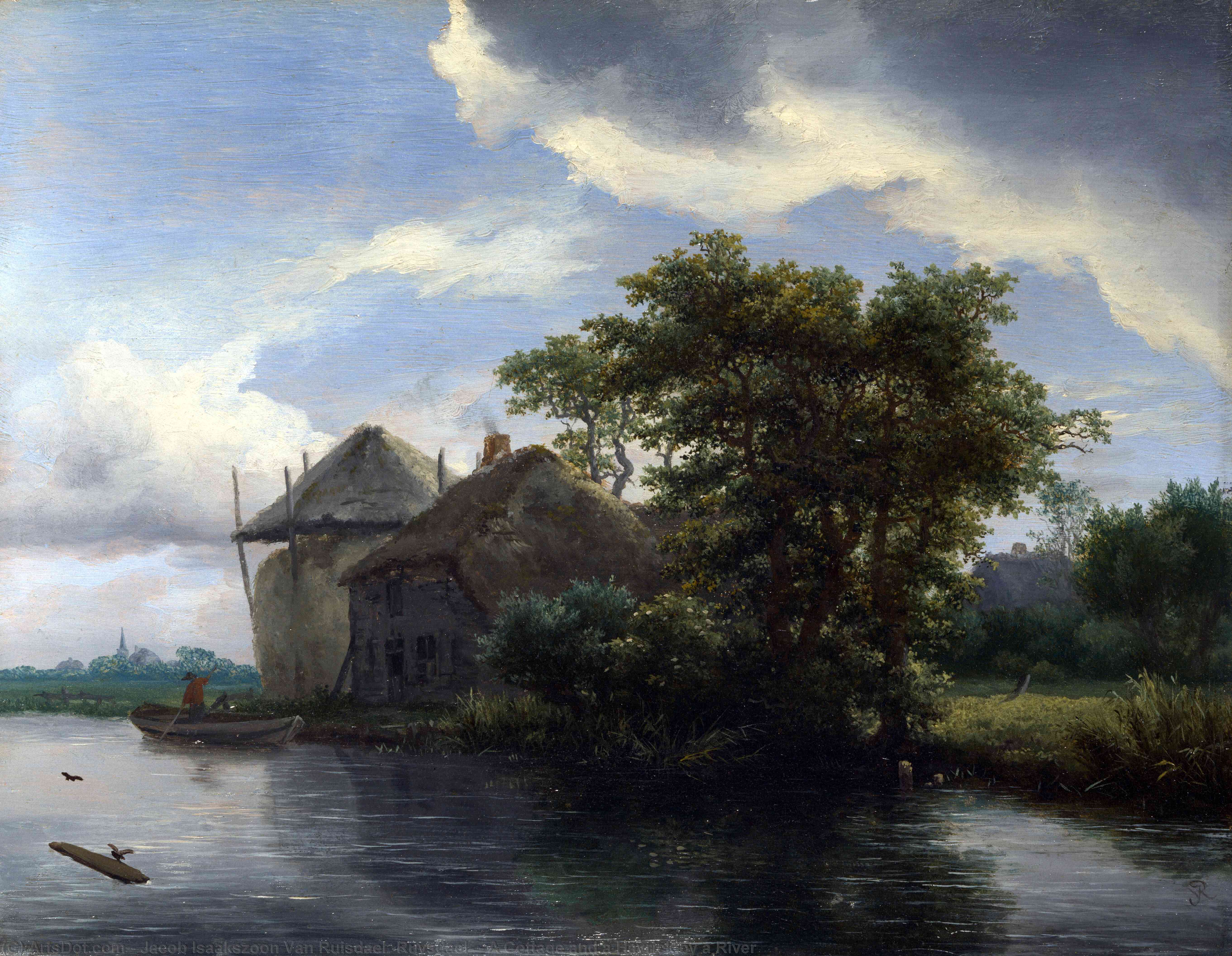 Wikioo.org - สารานุกรมวิจิตรศิลป์ - จิตรกรรม Jacob Isaakszoon Van Ruisdael (Ruysdael) - A Cottage and a Hayrick by a River