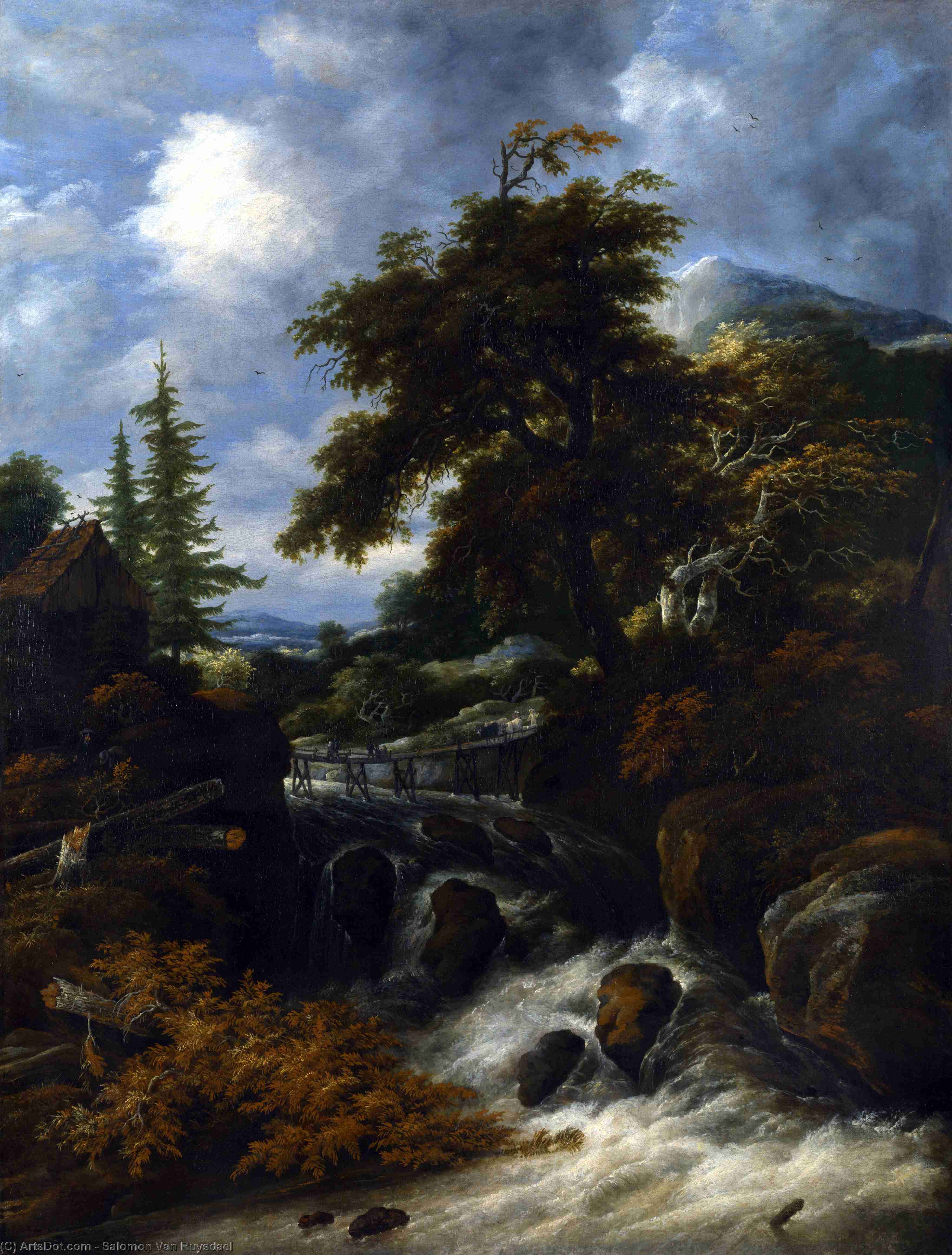 Wikioo.org - The Encyclopedia of Fine Arts - Painting, Artwork by Salomon Van Ruysdael - A Waterfall by a Cottage in a Hilly Landscape