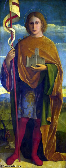 Wikioo.org - สารานุกรมวิจิตรศิลป์ - จิตรกรรม Girolamo Da Santacroce - A Saint with a Fortress and a Banner