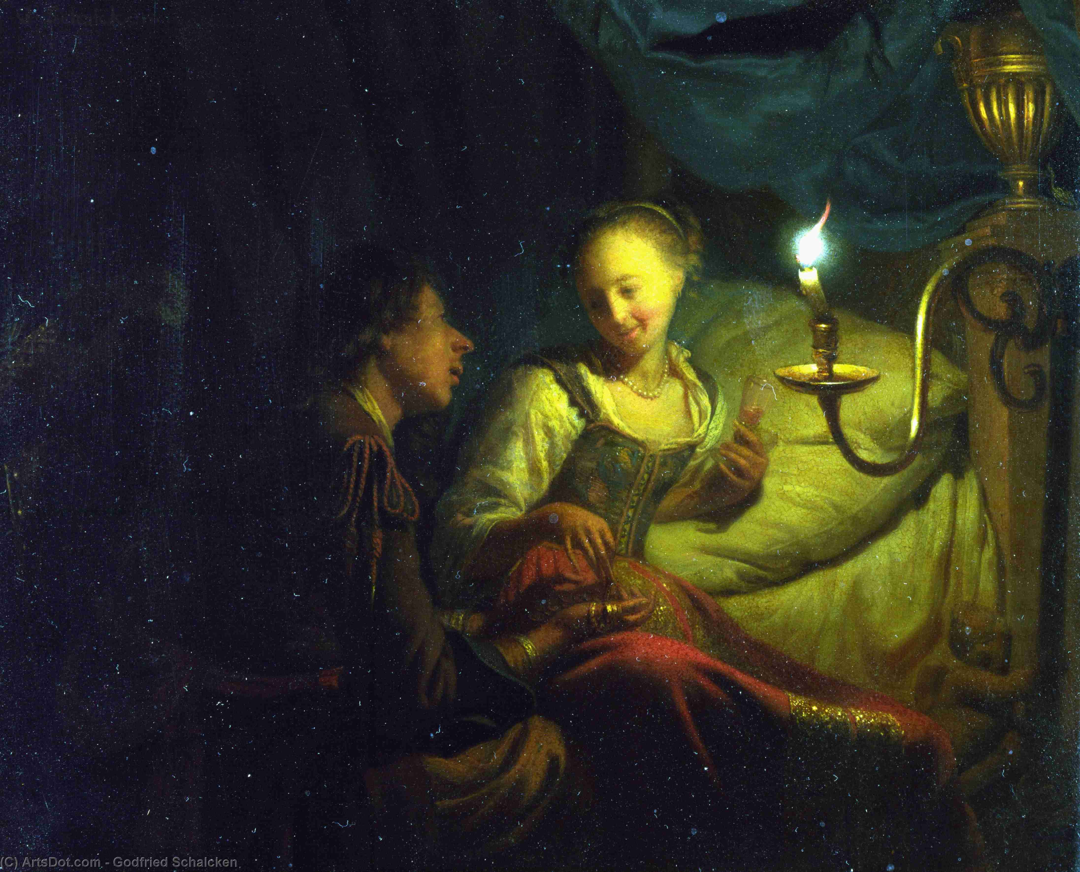 Wikioo.org - The Encyclopedia of Fine Arts - Painting, Artwork by Godfried Schalcken - A Man Offering Gold and Coins to a Girl