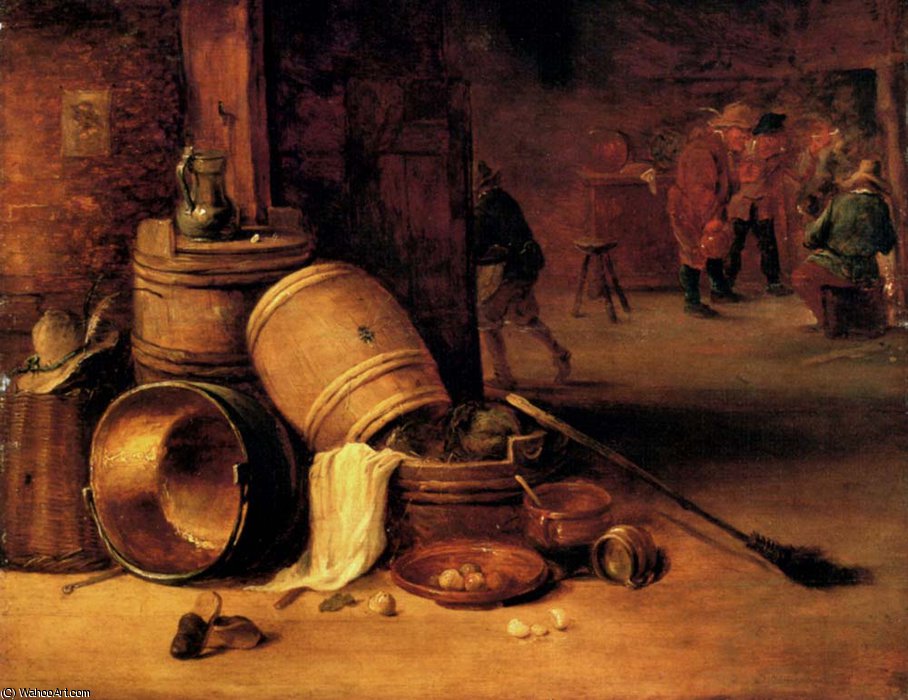 Wikioo.org - The Encyclopedia of Fine Arts - Painting, Artwork by David The Younger Teniers - An Interior Scene_With Pots Barrels Baskets Onions and Cabbages