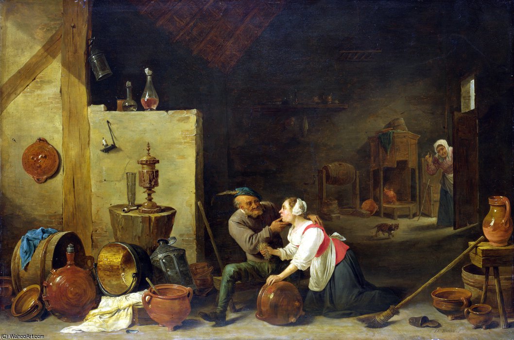 Wikoo.org - موسوعة الفنون الجميلة - اللوحة، العمل الفني David The Younger Teniers - An Old Peasant caresses a Kitchen Maid in a Stable