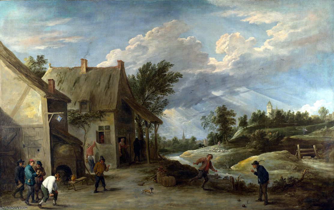 Wikioo.org - The Encyclopedia of Fine Arts - Painting, Artwork by David The Younger Teniers - Peasants playing Bowls outside a Village Inn