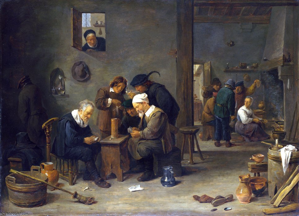 WikiOO.org - Encyclopedia of Fine Arts - Maľba, Artwork David The Younger Teniers - Two Men playing Cards in the Kitchen of an Inn