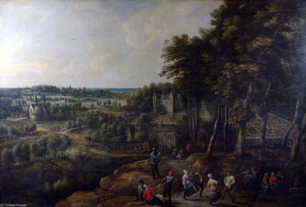 Wikioo.org - The Encyclopedia of Fine Arts - Painting, Artwork by Lucas Van Uden - Peasants merry-making before a Country House
