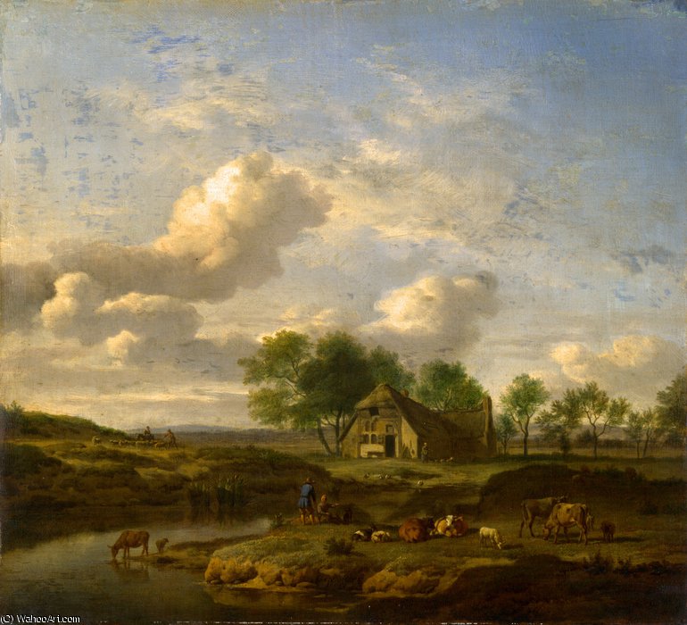 Wikioo.org - The Encyclopedia of Fine Arts - Painting, Artwork by Adriaen Van De Velde - A Landscape with a Farm by a Stream