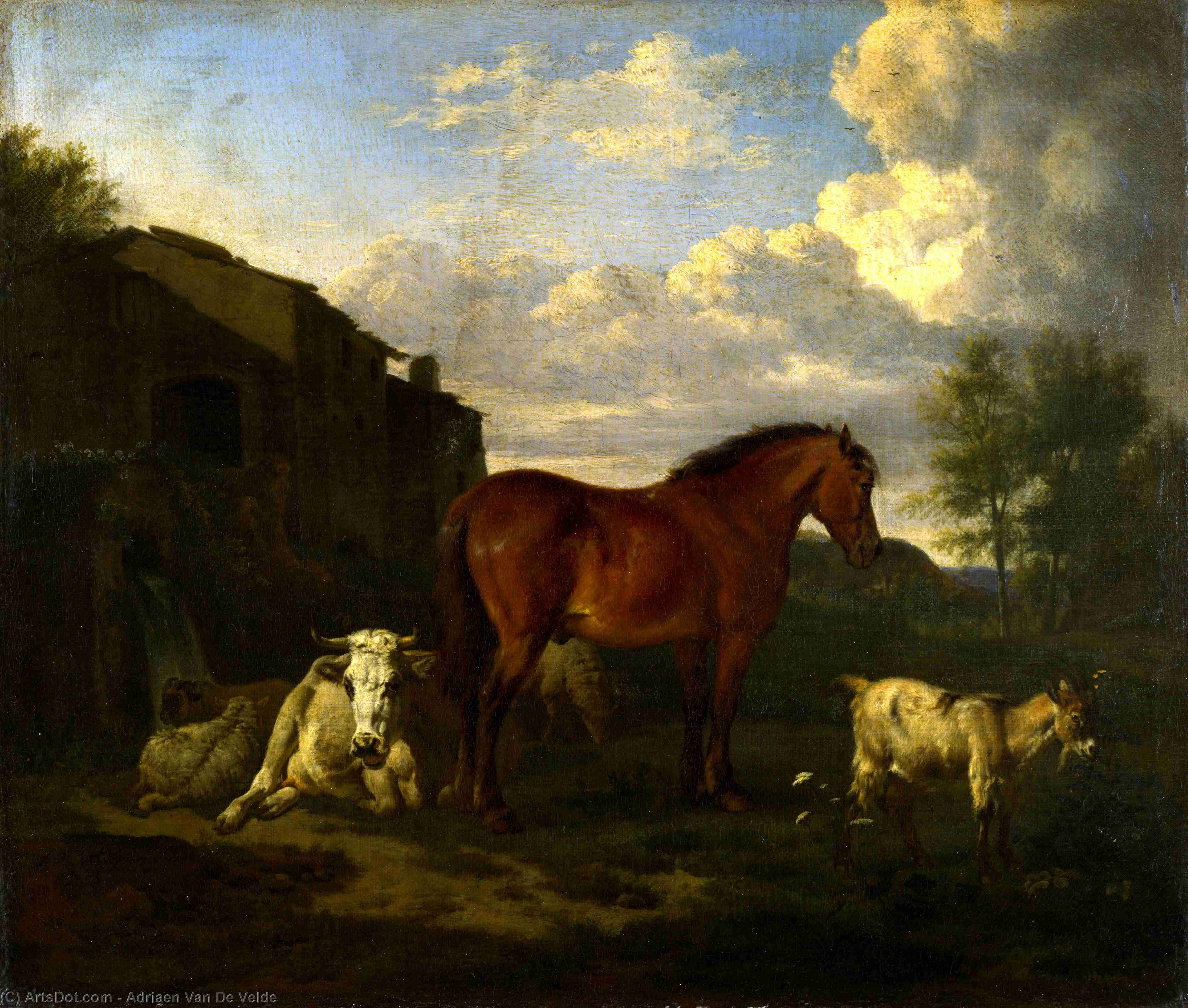 Wikioo.org – L'Enciclopedia delle Belle Arti - Pittura, Opere di Adriaen Van De Velde - animali vicino  Un  edificio