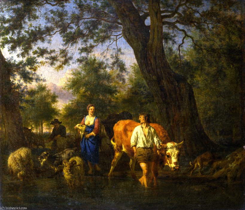 Wikioo.org - The Encyclopedia of Fine Arts - Painting, Artwork by Adriaen Van De Velde - Peasants with Cattle fording a Stream
