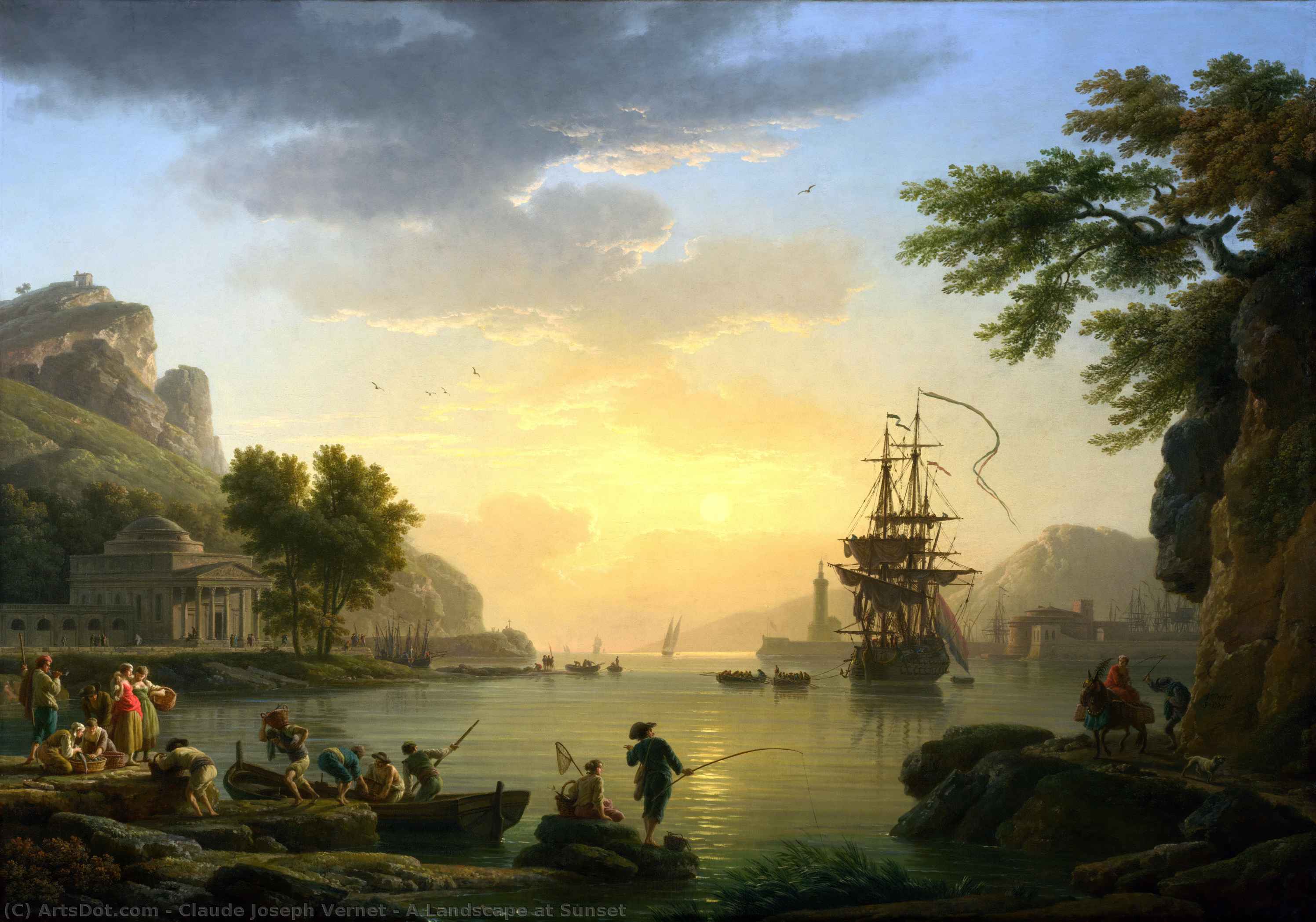 Wikioo.org - The Encyclopedia of Fine Arts - Painting, Artwork by Claude Joseph Vernet - A Landscape at Sunset