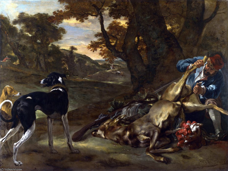 Wikioo.org - The Encyclopedia of Fine Arts - Painting, Artwork by Jan Baptist Weenix - A Huntsman cutting up a Dead Deer, with Two Deerhounds