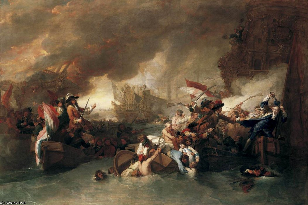 Wikoo.org - موسوعة الفنون الجميلة - اللوحة، العمل الفني Benjamin West - The Battle of La Hogue
