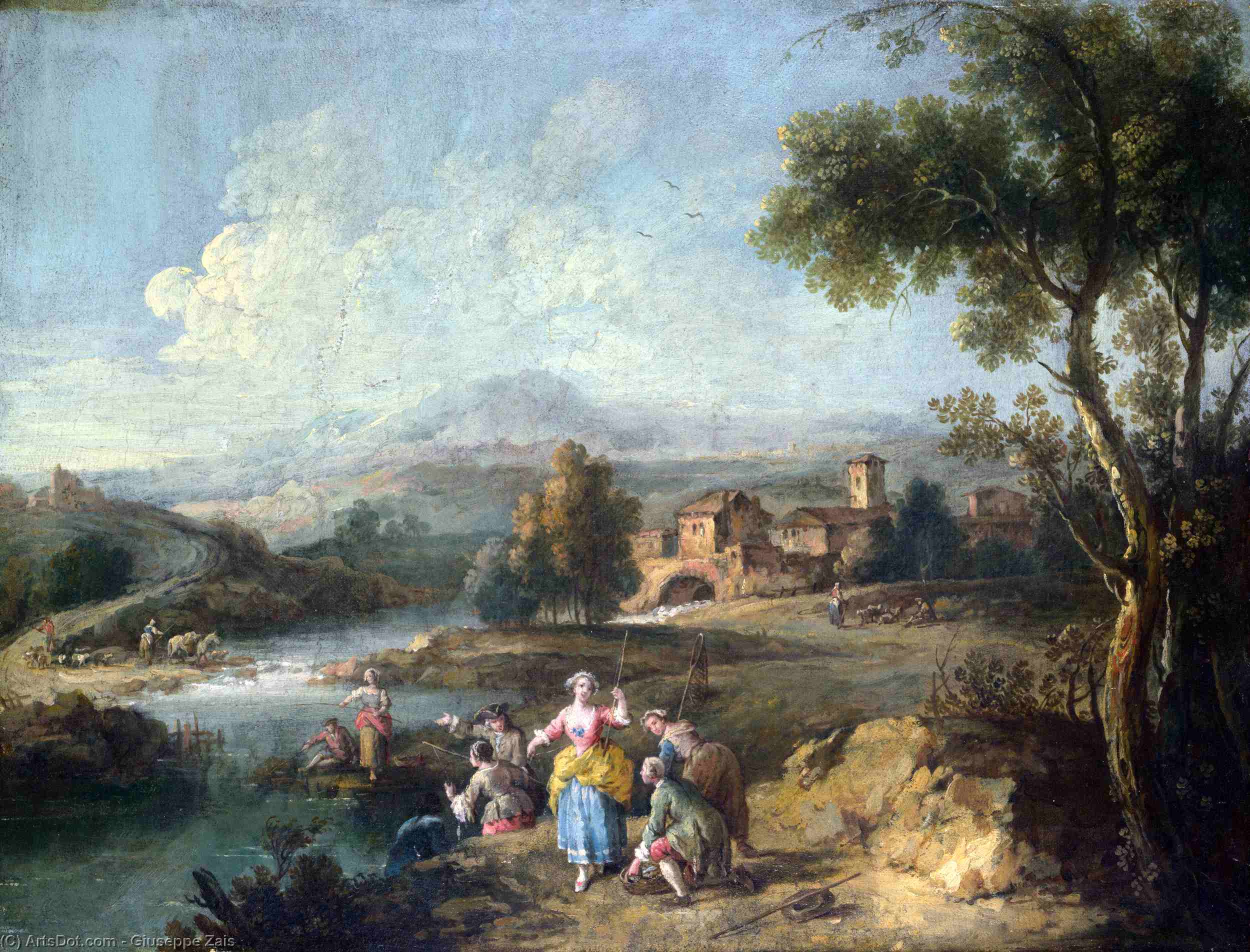 Wikioo.org - The Encyclopedia of Fine Arts - Painting, Artwork by Giuseppe Zais - Landscape with a Group of Figures Fishing