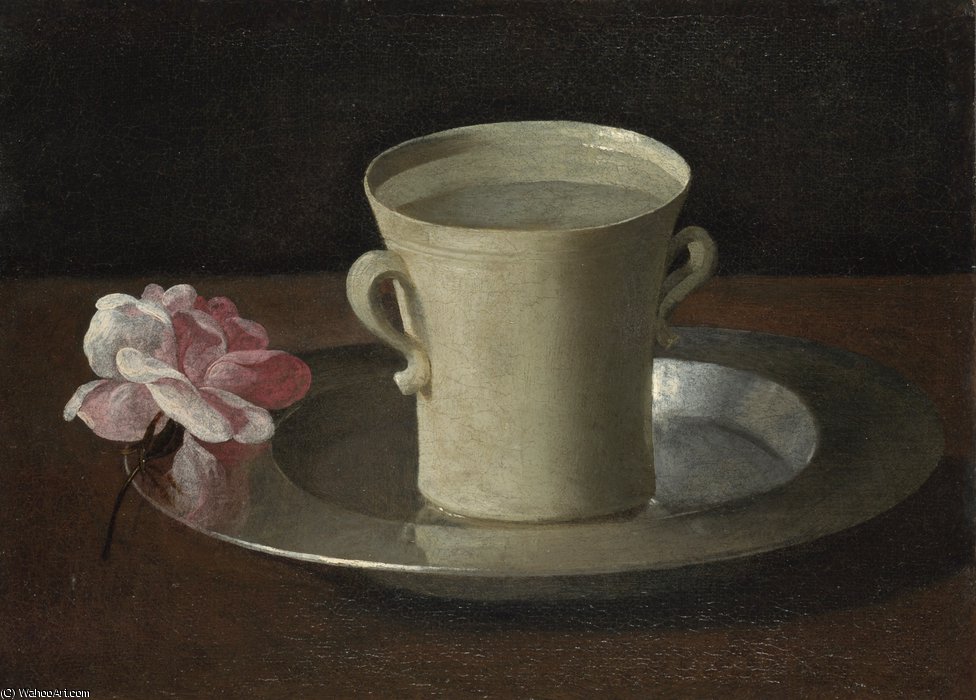 Wikioo.org - The Encyclopedia of Fine Arts - Painting, Artwork by Francisco Zurbaran - Cup of Water and a Rose on a Silver Plate