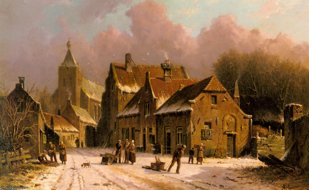 WikiOO.org – 美術百科全書 - 繪畫，作品 Adrianus Eversen - 在冬天的一个村庄