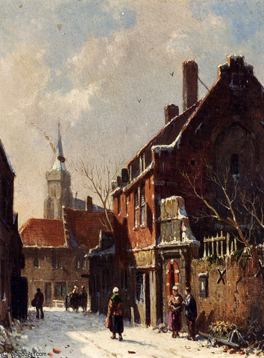 Wikioo.org - สารานุกรมวิจิตรศิลป์ - จิตรกรรม Adrianus Eversen - Figures in the streets of a dutch town in winter