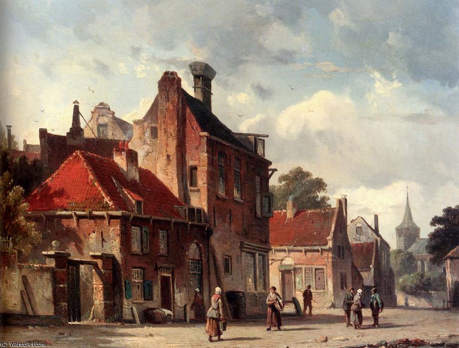 Wikioo.org - The Encyclopedia of Fine Arts - Painting, Artwork by Adrianus Eversen - View of town with figures in a sunlit street