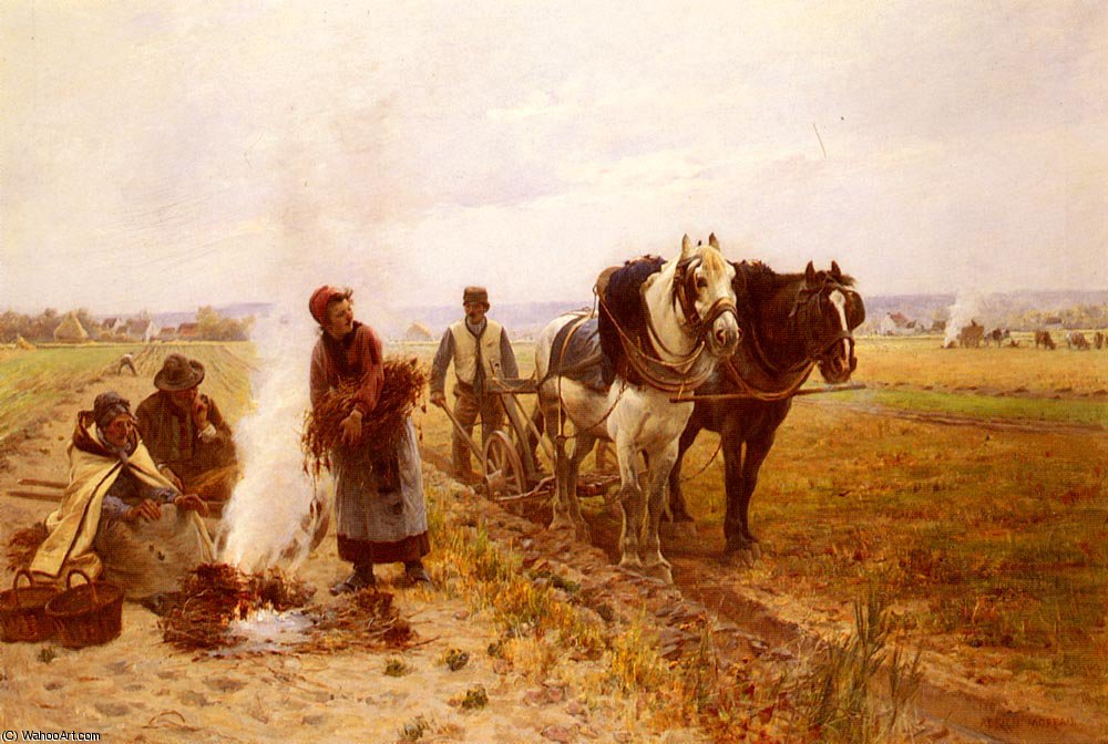 Wikioo.org - สารานุกรมวิจิตรศิลป์ - จิตรกรรม Adrien Moreau - Plowing the fields