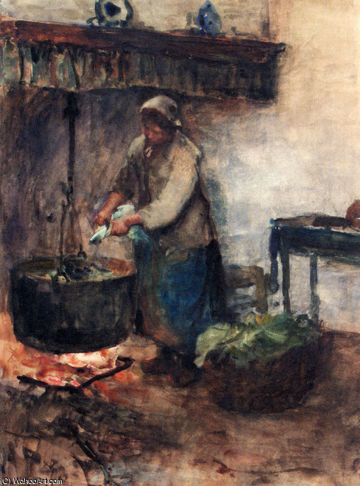 Wikioo.org - The Encyclopedia of Fine Arts - Painting, Artwork by Albert Neuhuys - A cottage Interior With A Peasant Woman Preparing Supper