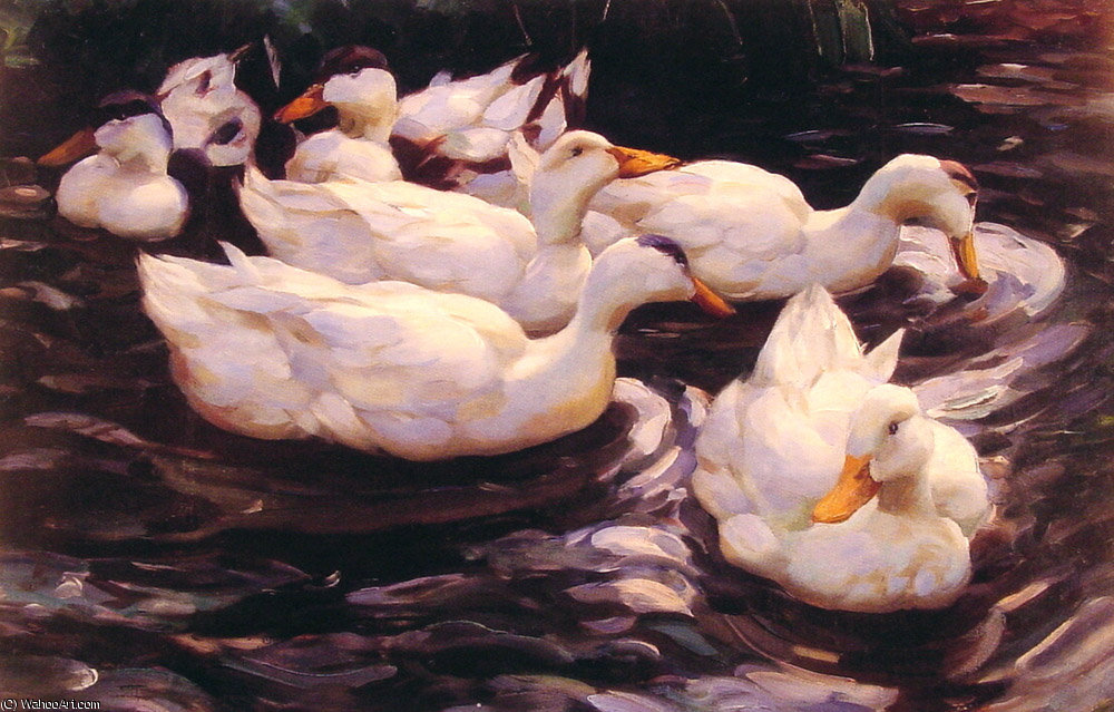 Wikioo.org - The Encyclopedia of Fine Arts - Painting, Artwork by Alexander Max Koeste - Six Ducks in the Pond