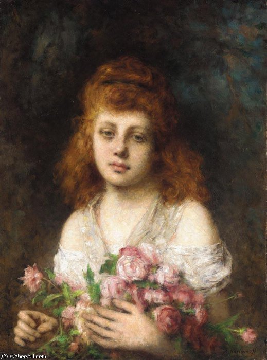 Wikioo.org – La Enciclopedia de las Bellas Artes - Pintura, Obras de arte de Alexei Alexeievich Harlamoff - Auburn Belleza cabelluda con el ramo de rosas