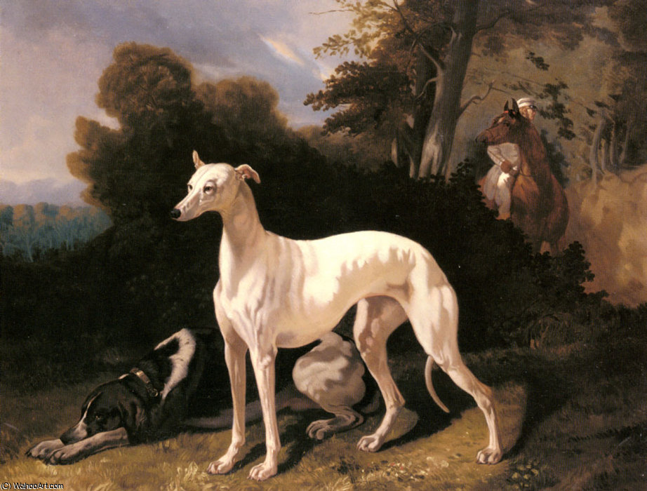 Wikoo.org - موسوعة الفنون الجميلة - اللوحة، العمل الفني Alfred De Dreux - A greyhound in an extensive landscape