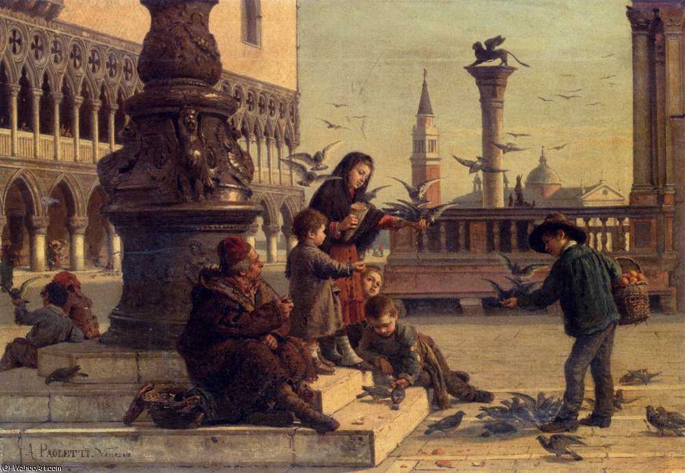 Wikioo.org – L'Encyclopédie des Beaux Arts - Peinture, Oeuvre de Antonio Paoletti - Nourrir les pigeons
