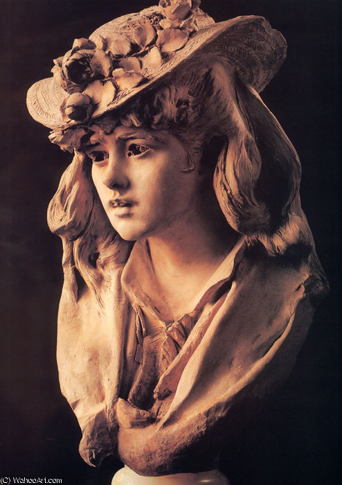 WikiOO.org – 美術百科全書 - 繪畫，作品 François Auguste René Rodin - 年轻的女孩 与  玫瑰  对  她  帽子