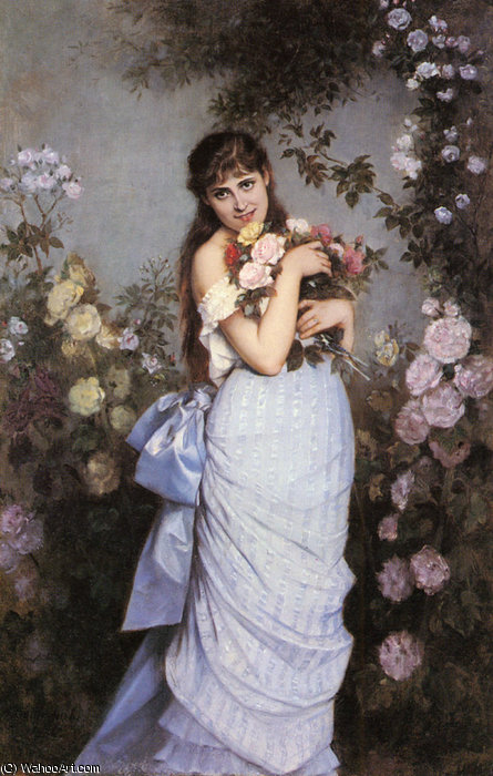WikiOO.org – 美術百科全書 - 繪畫，作品 Auguste Toulmouche -  一个年轻的 女性 在  一个  上升  花园