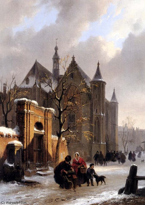 Wikioo.org - The Encyclopedia of Fine Arts - Painting, Artwork by Bartholomeus Johannes Van Hove - A capricio view with figures leaving a church in winter