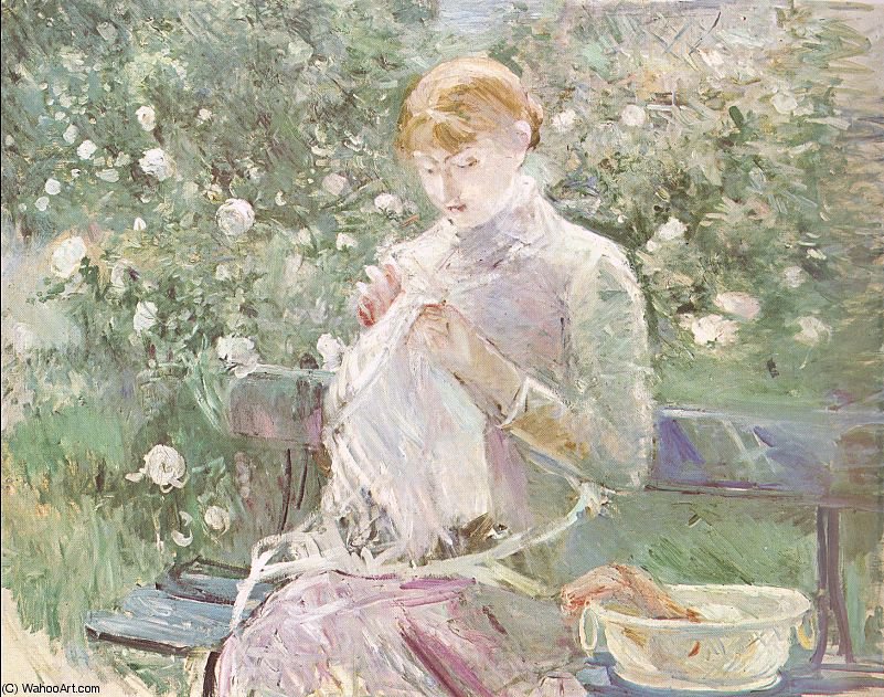 Wikioo.org – La Enciclopedia de las Bellas Artes - Pintura, Obras de arte de Berthe Morisot - mujer joven coser en un jardín