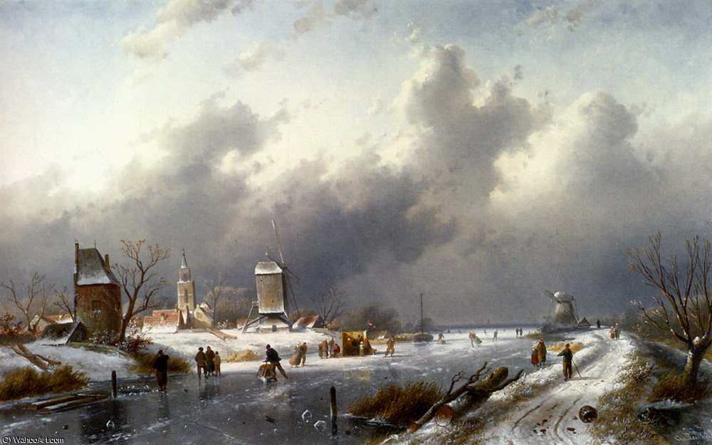 Wikioo.org - The Encyclopedia of Fine Arts - Painting, Artwork by Charles Henri Joseph Leickert - A frozen winter landscape with skaters