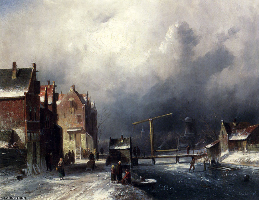 WikiOO.org - Güzel Sanatlar Ansiklopedisi - Resim, Resimler Charles Henri Joseph Leickert - Figures in a dutch town by a frozen canal