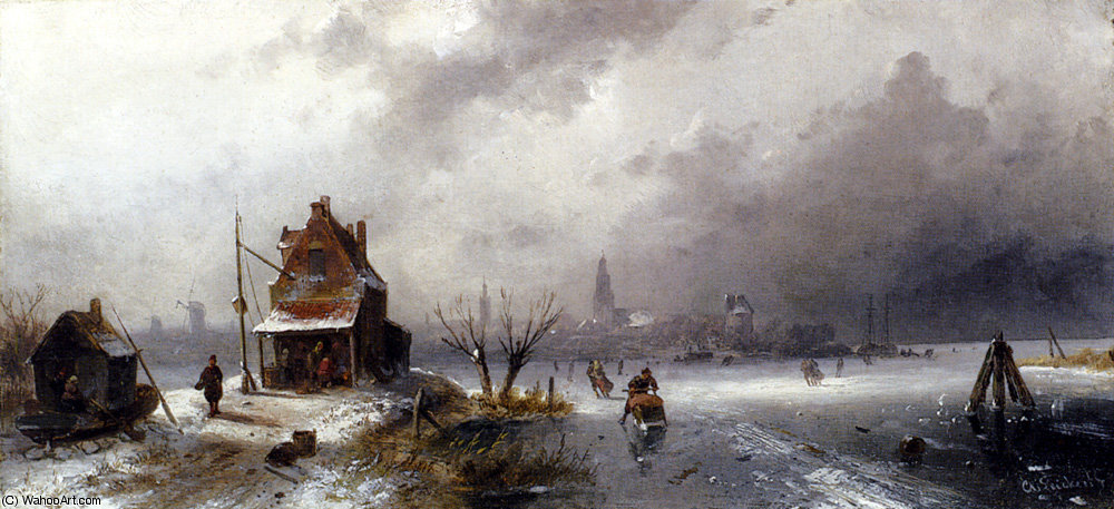 Wikioo.org - The Encyclopedia of Fine Arts - Painting, Artwork by Charles Henri Joseph Leickert - Figures on a frozen lake