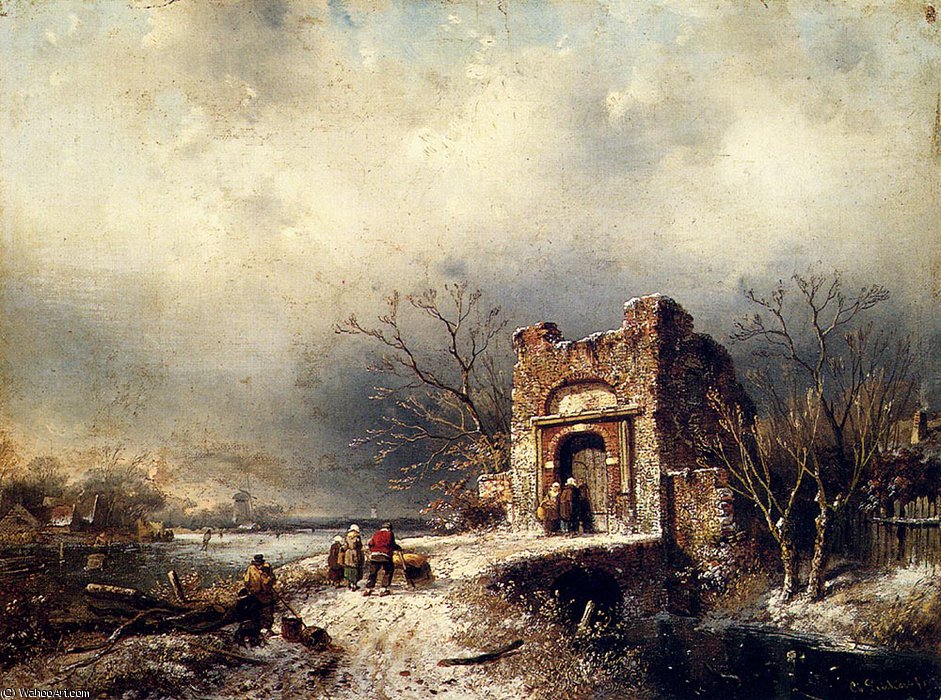 Wikioo.org - The Encyclopedia of Fine Arts - Painting, Artwork by Charles Henri Joseph Leickert - Villagers on a frozen path