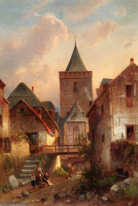 Wikioo.org - The Encyclopedia of Fine Arts - Painting, Artwork by Charles Henri Joseph Leickert - View in a german village with washerwomen