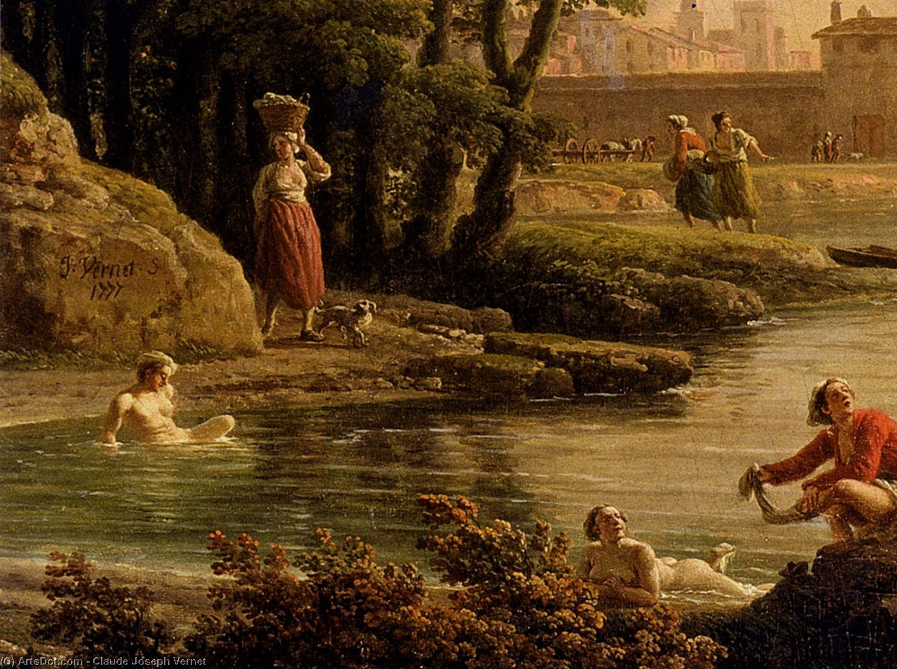 Wikoo.org - موسوعة الفنون الجميلة - اللوحة، العمل الفني Claude Joseph Vernet - Landscape With Bathers detail