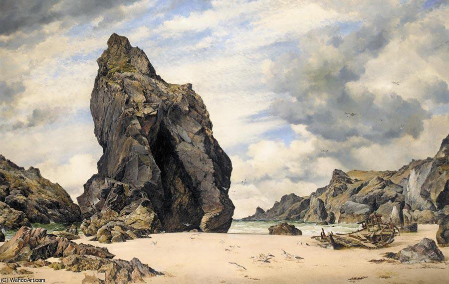 Wikioo.org – L'Enciclopedia delle Belle Arti - Pittura, Opere di Edward William Cooke - Steeple roccia Kynance Cove lucertola di acqua bassa Cornovaglia