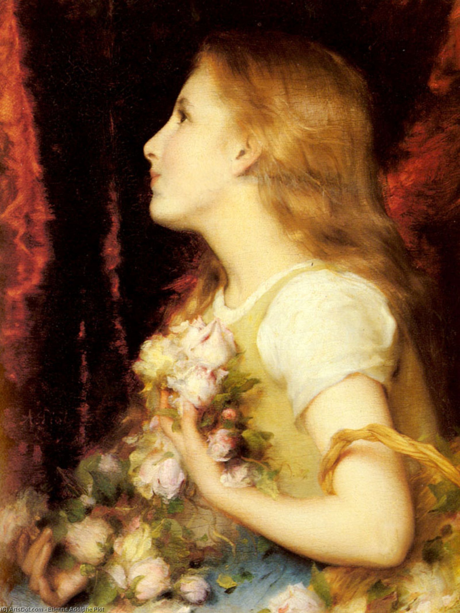 Wikioo.org - The Encyclopedia of Fine Arts - Painting, Artwork by Etienne Adolphe Piot - A young girl with a basket of flowers