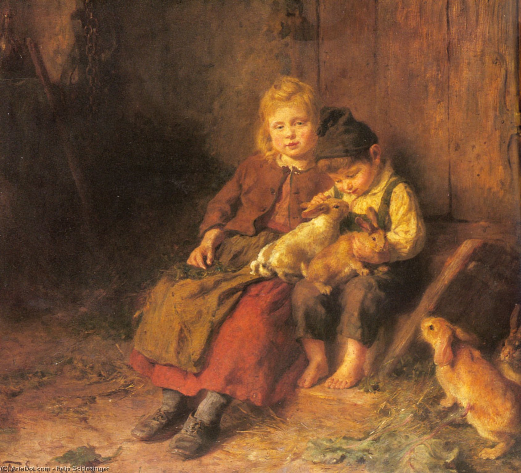 WikiOO.org - אנציקלופדיה לאמנויות יפות - ציור, יצירות אמנות Felix Schlesinger - Two children playing with rabbits