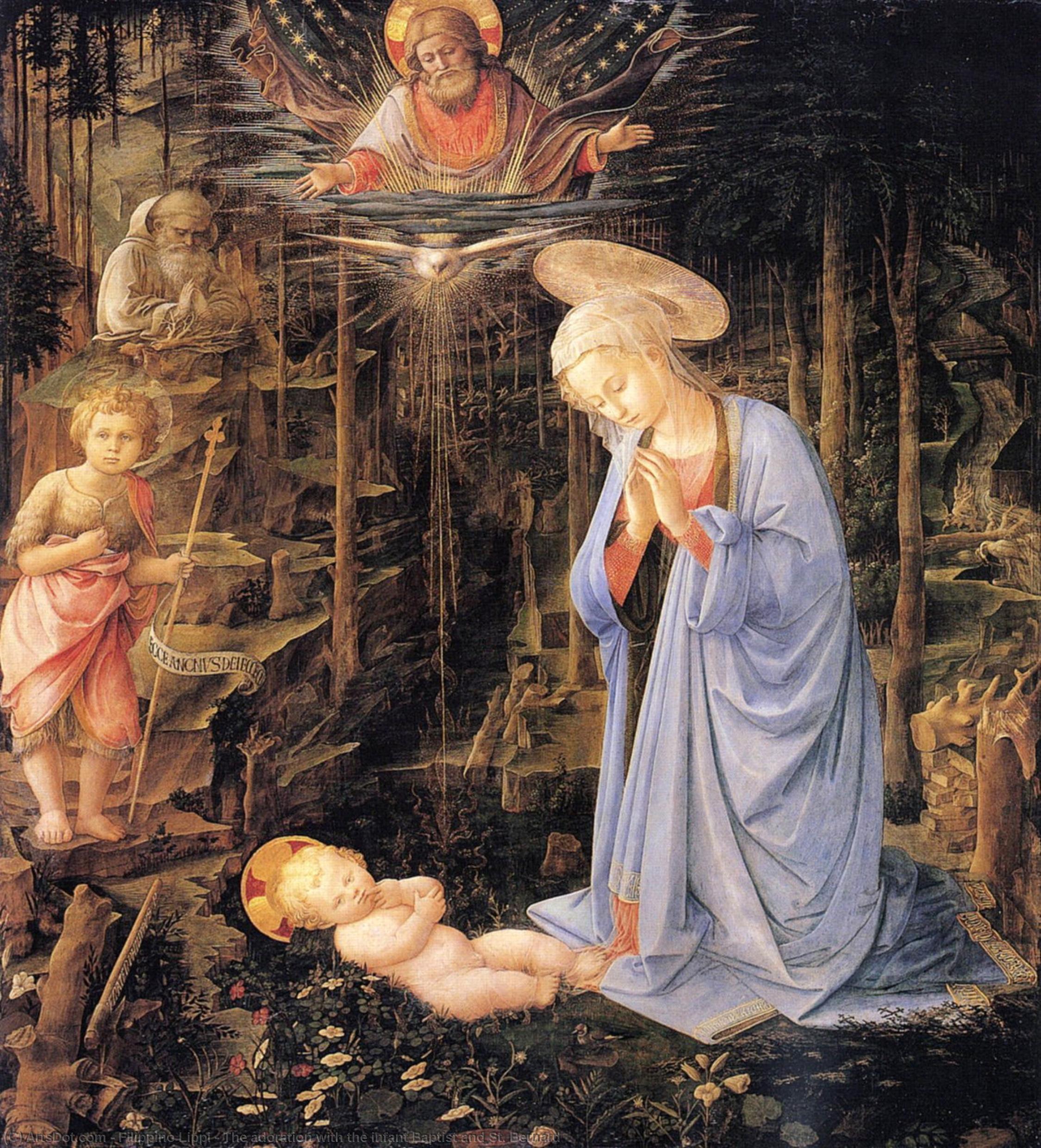 Wikioo.org – La Enciclopedia de las Bellas Artes - Pintura, Obras de arte de Filippino Lippi - La adoración con el bautista infantil y san . Bernardo