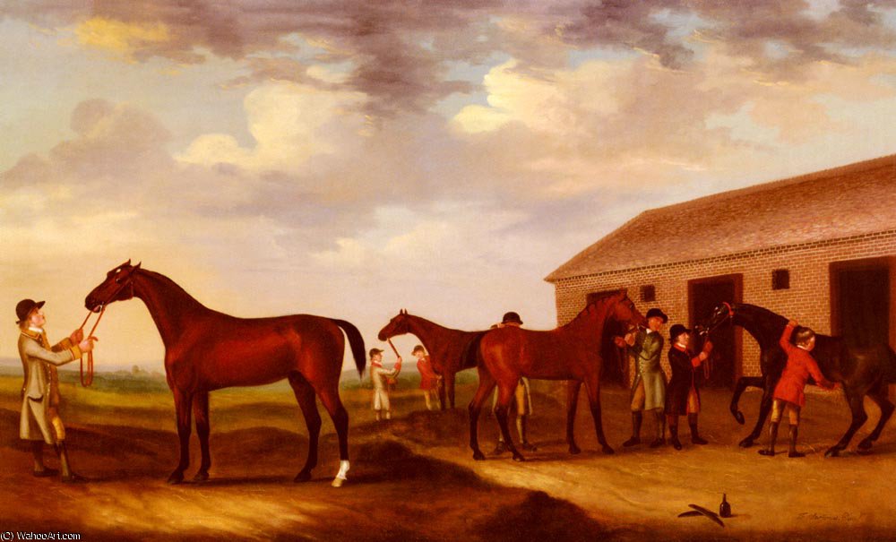 Wikioo.org - The Encyclopedia of Fine Arts - Painting, Artwork by Francis Sartorius Ii (John Francis Sartorius) - Four racehorses outside the rubbing down house newmarket