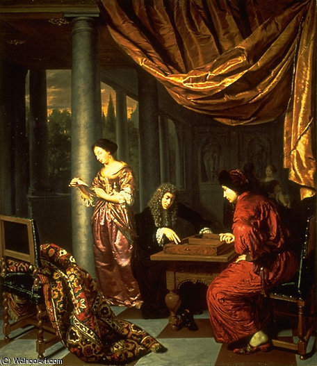 WikiOO.org - Encyclopedia of Fine Arts - Maalaus, taideteos Frans Van Mieris The Elder - Interior with Figures Playing Tric trac BFC