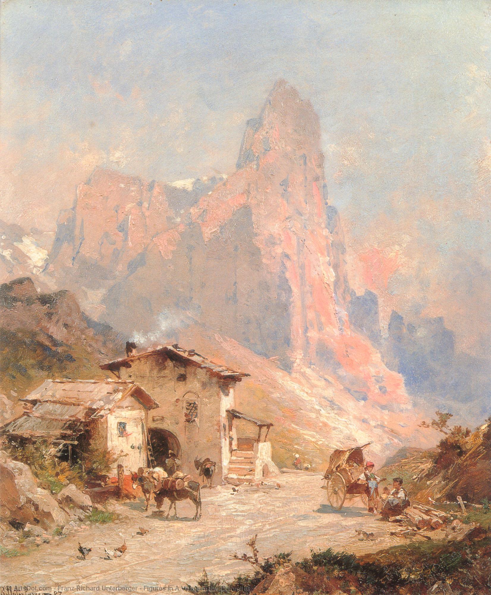 Wikioo.org - The Encyclopedia of Fine Arts - Painting, Artwork by Franz Richard Unterberger - Figures in A Village in the Dolomites