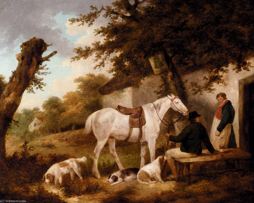 Wikioo.org – L'Encyclopédie des Beaux Arts - Peinture, Oeuvre de George Morland - Les voyageurs de repos en dehors de l auberge de cloche