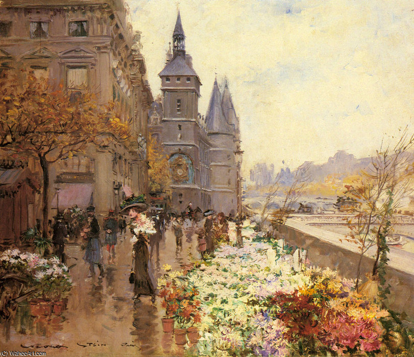 Wikioo.org - The Encyclopedia of Fine Arts - Painting, Artwork by Georges Stein - A flower market along the seine