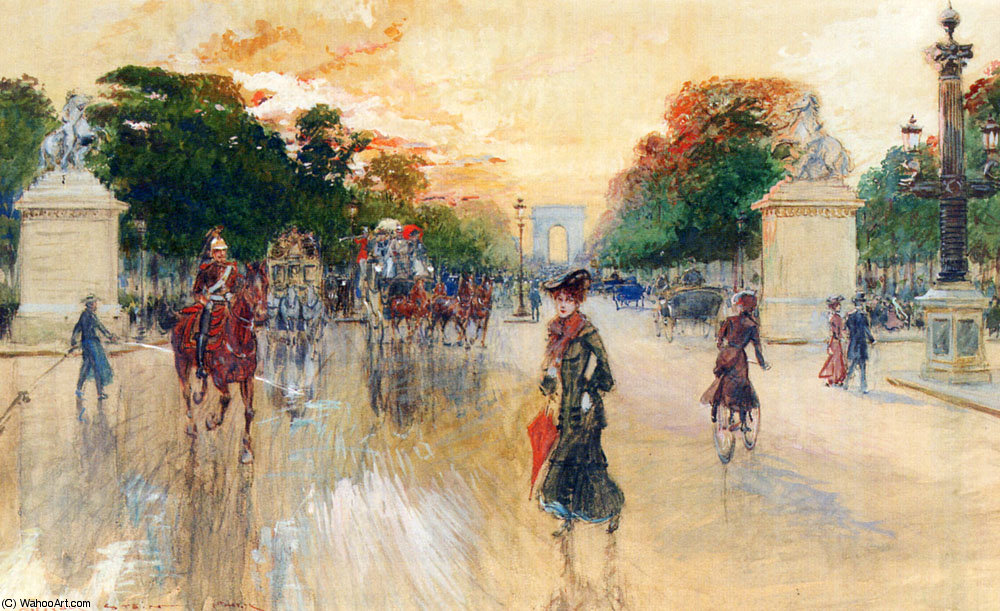 Wikioo.org - The Encyclopedia of Fine Arts - Painting, Artwork by Georges Stein - Busy traffic on the champs elysees paris