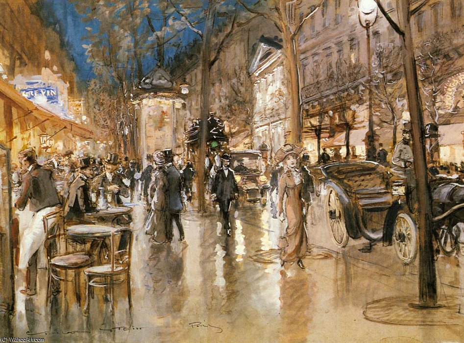 Wikioo.org - The Encyclopedia of Fine Arts - Painting, Artwork by Georges Stein - Evening on a parisian boulevard
